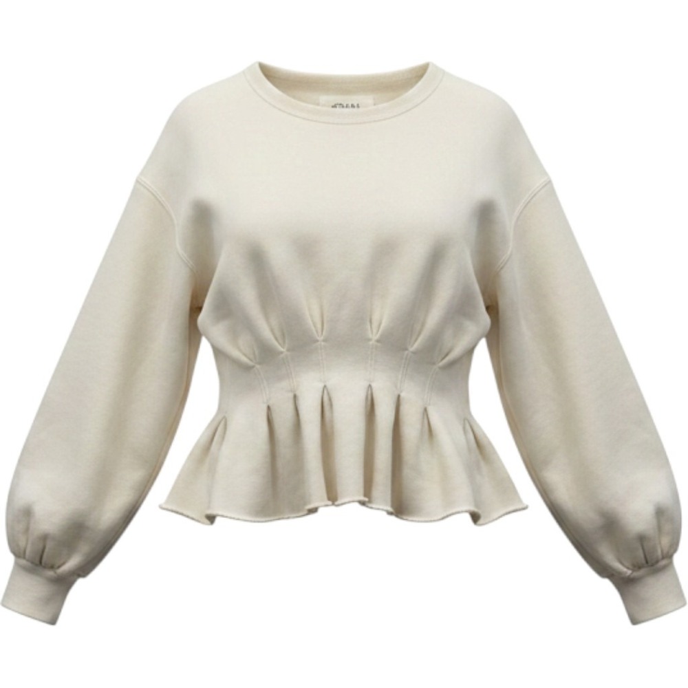 THE GREAT Pleated Peplum Sweatshirt Sz 0 XS Cream Cotton Balloon Sleeve Preppy